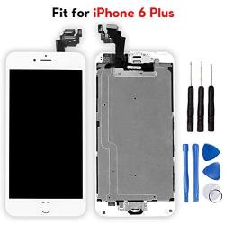 Ayake for iPhone 6 Plus Digitizer Screen Replacement White 5.5 Full LCD Display Assembly with Home Button, Front Facing Camera, Earpiece Speaker Pre Assembled and Repair Tool Kits