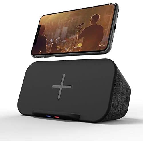 Bluetooth Speaker with Wireless Charger Stand, Premium Stereo Sound Speaker 18 Hours Playtime, 2 in 1 Home Audio Player Qi Charger Charging Compatible with iPhone, Samsung, Qi-Enabled Smartphones