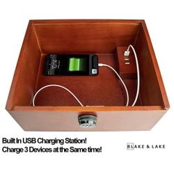 Multi Device Charging Box with Lock - Locking Cell Phone Charging Station Wooden Stash Box with Lock Large Safe Box with USB Charger Wood Stash Boxes