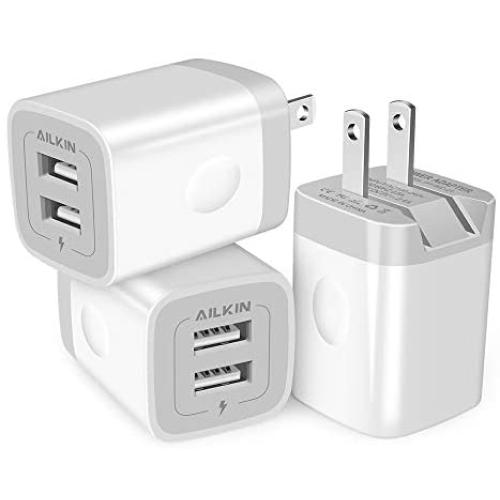 3Pack Fast Charging Cubes, Foldable Dual Port Charger Block, AILKIN Fast USB Plug Power Adapter Fold up Box Base Brick for iPhone XR/XS Max/X iPad Samsung Galaxy Tablet Kindle Fire LG Pixel Xbox Blu