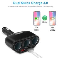 Rocketek 3-Socket 2-Port USB Quick Charge 3.0 Car Charger Splitter Adapter,120W 12V/24V DC Outlet Multi Socket Car Cigarette Lighter Splitter QC3.0 Dual Car Charger Power Outlet Splitter Extender