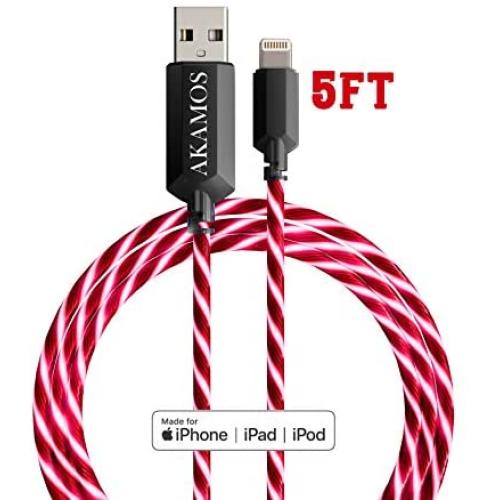 Light up iPhone Charger {MFI Apple Certified} AKAMOS 5ft LED iPhone Charger with Flowing led, USB to Lightning Cable with Quick Charge, Compatible with Phone11/11pro Max/XR/8/8Plus/7/6(Flowing Red)