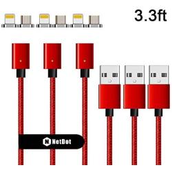 NetDot Gen7 Magnetic Fast Charging Cable Compatible Both Android Smartphone and i-Product(3.3ft/ 3 Pack red)