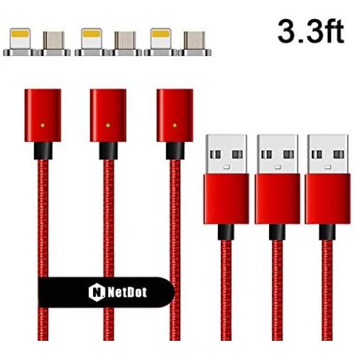 NetDot Gen7 Magnetic Fast Charging Cable Compatible Both Android Smartphone and i-Product(3.3ft/ 3 Pack red)