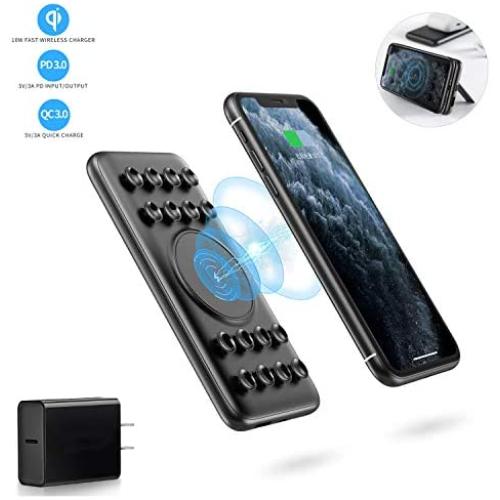 Wireless Power Bank with Suction Cups, USB C Power Bank, 10000mAh Portable Charger with Foldable Stand, 18W Fast Charging, QC 3.0 & PD 3.0, Compatible for iPhone X XS 11 iPad Samsung Galaxy & More