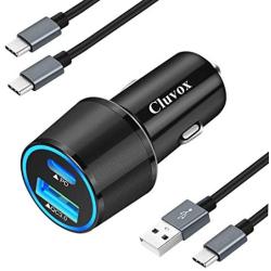 Cluvox Rapid Type C Car Charger Compatible Google Pixel 4a/4/3a/3/2/XL, Samsung Galaxy S20 Plus/Ultra/Note 10/S10E/S10 Plus 18W Dual USB Fast Charging Car Adapter with 2-Pack Type C Cords