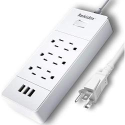 Power Strip with USB Ports - Rekidm 1875W 15A Power Strip Surge Protector 6 Outlets and 3 USB Ports with On/Off Switch - Safe and Durable High Conductivity Copper Design - 5ft Extension Cord 100-240V