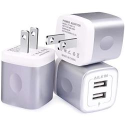 USB Charging Box, Charger Adapter, Ailkin 3-Pack 2.1Amp Dual Port Fast Charge Plug Cube Base Replacement for iPhone X/8/7/6S/6S Plus/6, Samsung Galaxy S7/S6/S5 Edge, LG, HTC, Huawei, Moto, Kindle