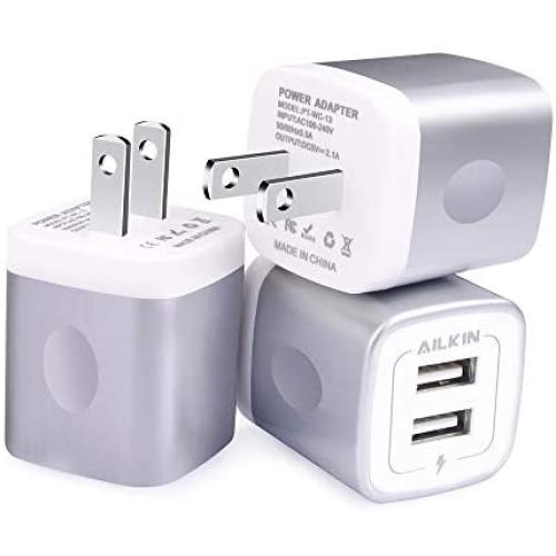 USB Charging Box, Charger Adapter, Ailkin 3-Pack 2.1Amp Dual Port Fast Charge Plug Cube Base Replacement for iPhone X/8/7/6S/6S Plus/6, Samsung Galaxy S7/S6/S5 Edge, LG, HTC, Huawei, Moto, Kindle