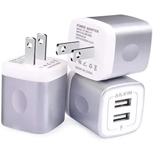 USB Charging Box, Charger Adapter, Ailkin 3-Pack 2.1Amp Dual Port Fast Charge Plug Cube Base Replacement for iPhone X/8/7/6S/6S Plus/6, Samsung Galaxy S7/S6/S5 Edge, LG, HTC, Huawei, Moto, Kindle