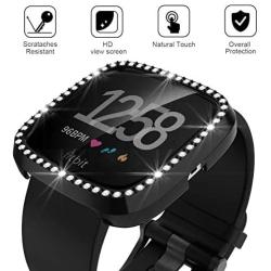 Landhoo Black Hard Case Compatible with Fitbit Versa 2 Screen Protector Bling, PC case That Have Clarity PMMA Screen Protector and Shiny Diamond Bumper Overall Protective Cover for Women Watch.