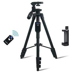 Fugetek 54" Tripod, Works with Phone & Camera, Use for Facetime, Video Calls, Teaching, Lightweight Aluminum, Removable Bluetooth Remote, Mount Smartphone, DSLR, Compatible with Apple Android, Black