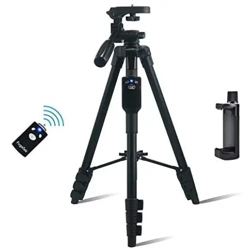 Fugetek 54&quot Tripod, Works with Phone & Camera, Use for Facetime, Video Calls, Teaching, Lightweight Aluminum, Removable Bluetooth Remote, Mount Smartphone, DSLR, Compatible with Apple Android, Black