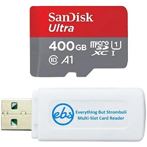 SanDisk 400GB SDXC Micro Ultra Memory Card Works with Samsung Galaxy A50, A40, A30 Cell Phone Class 10 (SDSQUAR-400G-GN6MN) Bundle with (1) Everything But Stromboli MicroSD and SD Card Reader SanDisk 400GB SDXC Micro Ultra Memory Card Works with Samsung Galaxy A50, A40, A30 Cell Phone Class 10 (SDSQUAR-400G-GN6MN) Bundle with (1) Everything But Stromboli MicroSD and SD Card Reader