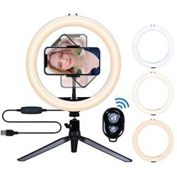 Ring Light with Tripod Stand and Phone Holder - 10&quotLED Cell Phone Ringlight for Makeup,Vlogs,Live Stream,YouTube Video,Photography,Self-Portrait Shooting,Desk Makeup Circle Lighting for iPhone/Android