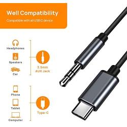 USB C to 3.5mm Audio Aux Jack Adapter, Type C Cable to 3.5mm Headphone Stereo Cord Car Compatible with Pad Pro 2018 Google Pixel 2 3 XL Moto Z and Galaxy Note10+ Huawei HTC (3.28Ft)