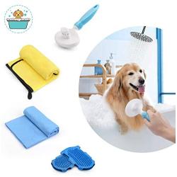 SEICIPET 5 in 1 Pet Shower Kit with Bath Glove Brushs |Dog Shower Towel |Massage & Remove Hair Stainless Steel Comb |Grooming Shower Tool for Indoor & Outdoor Use