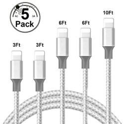 Peceony MFi Certified 5 Pack [3/3/6/6/10FT] Nylon Braided iPhone Charging Cable USB Fast Charging & Syncing Long Cord,iPhone Charger Compatible iPhone Xs Max/XR/X/8Plus/7Plus/6Plus/8/7/6 [Silver].