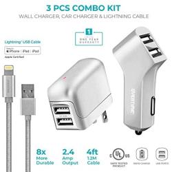 iPhone Charger, Overtime Apple MFi Certified 6ft Braided Lightning USB Cable with Dual Port Wall & Car Charger Adapter for iPhone 11 Pro Max X Xs XR 8 7 6s 5 SE, iPad Pro Air Mini – Silver