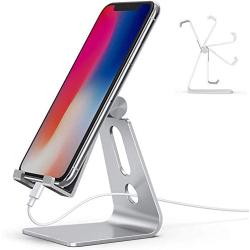 Emoly Adjustable Cell Phone Stand, 2020 Aluminum Desktop Cellphone Stand with Anti-Slip Base and Convenient Charging Port, Fits All Smart Phones (Silver)