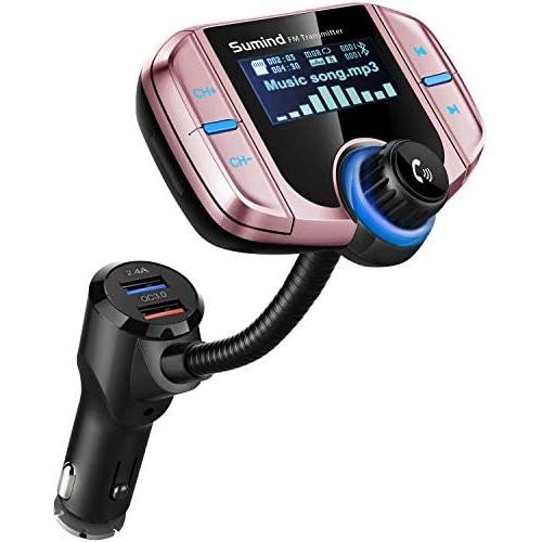 (Upgraded Version) Sumind Car Bluetooth FM Transmitter, Wireless Radio Adapter Hands-Free Kit with 1.7 Inch Display, QC3.0 and Smart 2.4A USB Ports, AUX Output, TF Card Mp3 Player (Rose Gold)