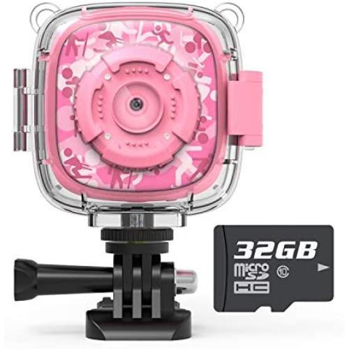 AKAMATE Kids Action Camera Waterproof Video Digital Children Cam 1080P HD Sports Camera Camcorder for Boys Girls, Build-in 4Games, 32GB SD Card (Pink)