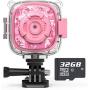 AKAMATE Kids Action Camera Waterproof Video Digital Children Cam 1080P HD Sports Camera Camcorder for Boys Girls, Build-in 4Games, 32GB SD Card (Pink)