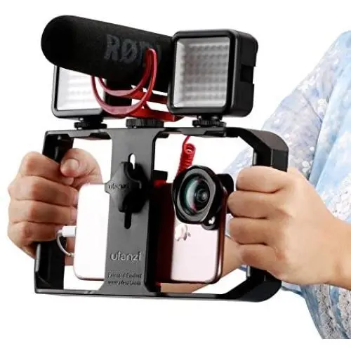 Smartphone Video Rig with 3 Shoe Mounts Handheld Phone Stabilizer Handle Grip Tripod Mount Compatible with iPhone X 8 7 Plus Samsung