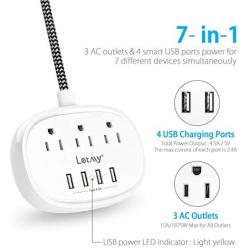 Power Strip with 3 Outlets 4 USB Ports, LETMY USB Power Strip, Flat Plug 5ft Long Braided Extension Cord, Desktop Charging Station for Smartphone Tablet Home Cruise Ship Travel,1875W/15A