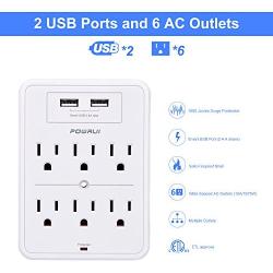 POWRUI Surge Protector, USB Wall Charger with 2 USB Charging Ports(Smart 2.4A Total), 6-Outlet Extender and Top Phone Holder for Your Cell Phone, White, ETL Listed