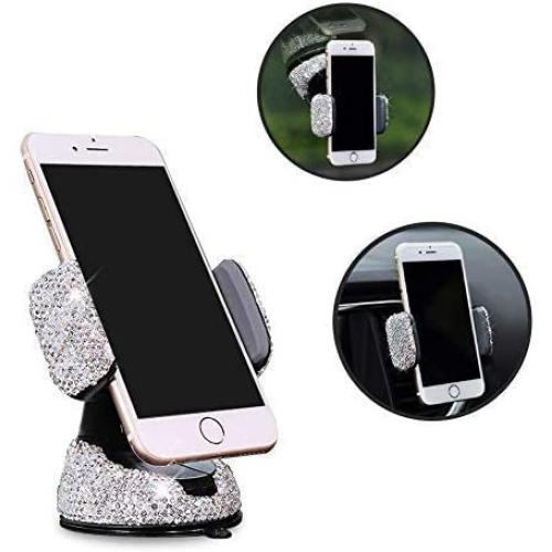 eing Bling Crystal Car Phone Mount with One More Air Vent Base,Universal Cell Phone Holder for Dashboard,Windshield and Air Vent,Silver
