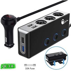 Quick Charge 3.0 Cigarette Lighter Splitter, Qidoe 12V/24V 3-Socket 120W DC Power Car Splitter with LED Voltmeter Power Switch, 8.5A 4 USB Fast Outlets for GPS, Dash Cam, Sat Nav, Phone, iPad, Tablet