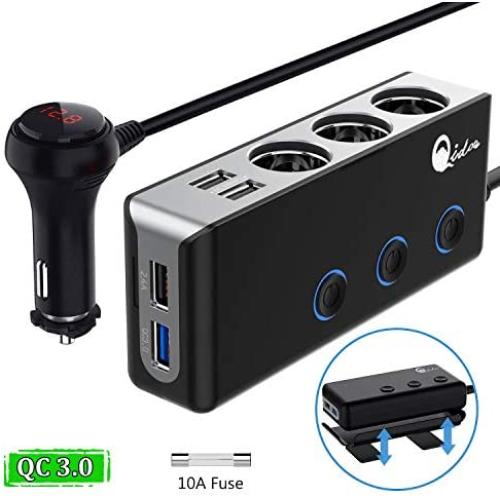 Quick Charge 3.0 Cigarette Lighter Splitter, Qidoe 12V/24V 3-Socket 120W DC Power Car Splitter with LED Voltmeter Power Switch, 8.5A 4 USB Fast Outlets for GPS, Dash Cam, Sat Nav, Phone, iPad, Tablet