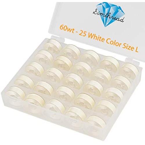 Simthread 25pcs White Prewound Bobbin Thread Size L (SA155) 60WT for Brother Husqvarna Pfaff Embroidery Thread Sewing Thread Machine with Clear Storage Plastic Case DIY