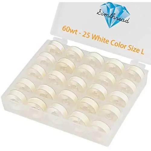 Simthread 25pcs White Prewound Bobbin Thread Size L (SA155) 60WT for Brother Husqvarna Pfaff Embroidery Thread Sewing Thread Machine with Clear Storage Plastic Case DIY Simthread 25pcs White Prewound Bobbin Thread Size L (SA155) 60WT for Brother Husqvarna Pfaff Embroidery Thread Sewing Thread Machine with Clear Storage Plastic Case DIY