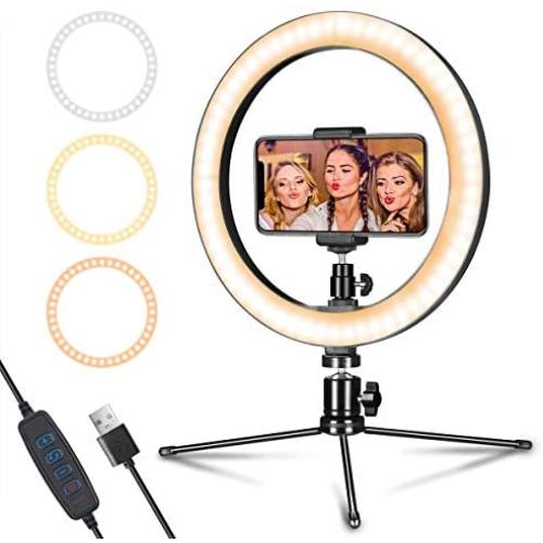 LED Ring Light 10" with Tripod Stand & Phone Holder for Live Streaming & YouTube Video, Dimmable Desk Makeup Ring Light for Photography, Shooting with 3 Light Modes & 10 Brightness Level