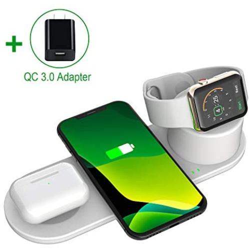 Aresh Wireless Charger Stand Compatible with Apple Watch Charger Series 5 4 3 2 1, Airpods/Airpods Pro New iPhone SE 2020 11/11 Pro Max X XS XR 8 Qi-Enabled Devices Fast Charging(QC3.0 Adapter)-White