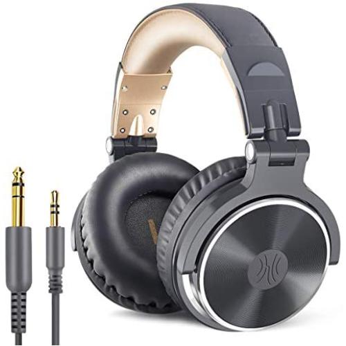 OneOdio Over Ear Headphone, Wired Bass Headsets with 50mm Driver, Foldable Lightweight Headphones with Shareport and Mic for Recording Monitoring Mixing Podcast Guitar PC TV - (Grey)