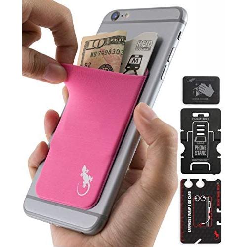 Phone Wallet - Adhesive Card Holder - Cell Phone Pouch - Stick on Lycra Pocket by Gecko - Carry Credit Cards and Cash - RFID Protection Sleeve – Pink