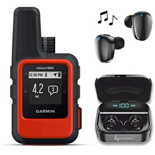Garmin InReach Mini, Lightweight and Compact Handheld Iridium Satellite Communicator and Wearable4U Black Earbuds Ultimate Charging Power Bank Case Bundle (Orange)