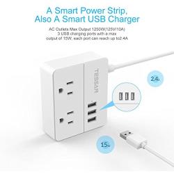 TESSAN Portable 2 Outlet Small Travel Power Strip with 3 USB Ports -Desktop Charging Station 5 Foot Extension Cord- Non Surge Protection Cruise Ship Approved -White