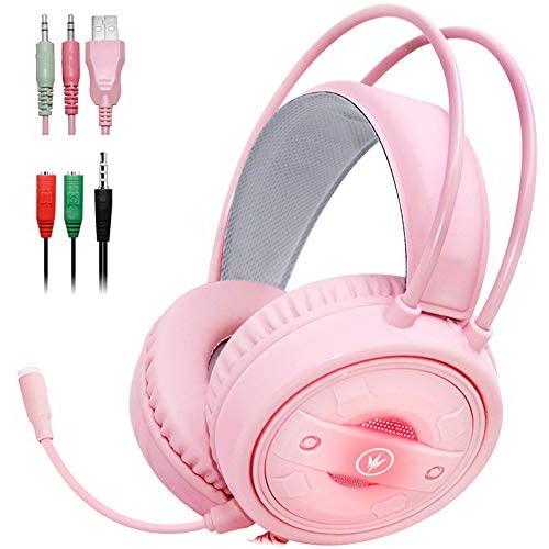 Dland Gaming Headset with Mic and Changeable LED Light for Laptop,Computer, Cellphone, PS4 and Xbox, 3.5mm Wired Noise Isolations Gaming Headphones with Volume Control-Pink