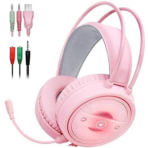 Dland Gaming Headset with Mic and Changeable LED Light for Laptop,Computer, Cellphone, PS4 and Xbox, 3.5mm Wired Noise Isolations Gaming Headphones with Volume Control-Pink Dland Gaming Headset with Mic and Changeable LED Light for Laptop,Computer, Cellphone, PS4 and Xbox, 3.5mm Wired Noise Isolations Gaming Headphones with Volume Control-Pink