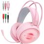 Dland Gaming Headset with Mic and Changeable LED Light for Laptop,Computer, Cellphone, PS4 and Xbox, 3.5mm Wired Noise Isolations Gaming Headphones with Volume Control-Pink