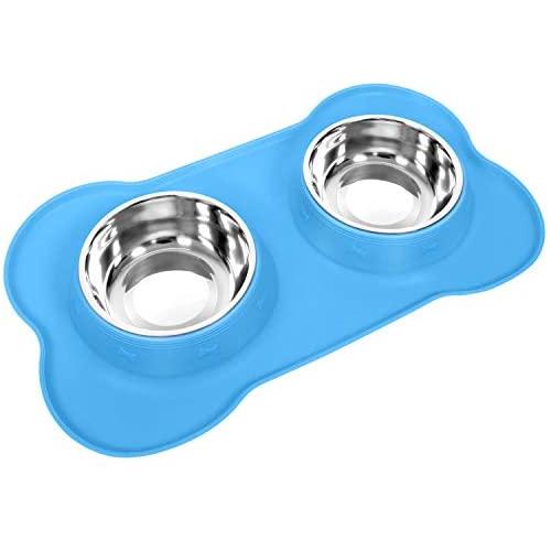 UPSKY Dog Cat Bowls Stainless Steel Double Dog Food and Water Bowls with No-Spill No-Skid Silicone Mat, Pet Feeder Bowls Small Puppy Bowl for Small Dogs Cats