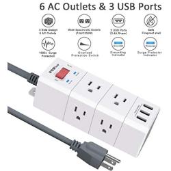 Power Strip, POWSAF Surge Protector with 6-Outlet(3-Sided) and 3 USB Ports(5V/3.4A, 17W), 5-Ft(1250W/10A) Extension Cord, White