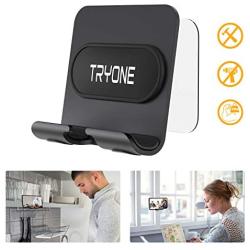 Wall Mount Phone Holder - Tryone Wall Phone Holder Mount with 2Pcs Adhesive Strip,Update Version Wall Phone Mount for Bathroom,Kitchen,Office and More,Compatible with All Phones and Mini Tablet