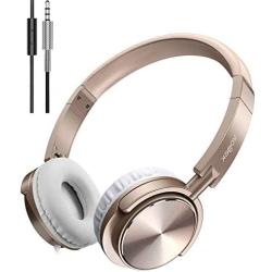 Vogek On Ear Headphones with Mic, Stereo Bass Fold-Flat Headset, Wired Portable Earphones with Microphone, Adjustable Headband and 1.5M Tangle Free Cord for Kids Students Teens Adults, Gold