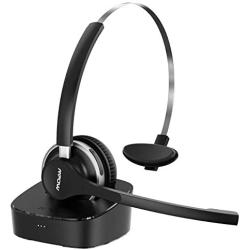 Mpow Bluetooth Headset V5.0 with Charging Base, Wireless Headphones Dual Noise Canceling Microphone, Single Ear Headset for Cell Phone, Truck Driver, Office, Call Center, Skype(Wired Option)