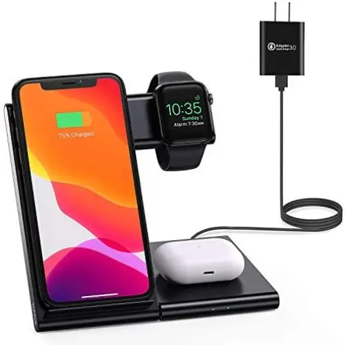 WATOE Wireless Charger 3 in 1 Qi-Certified Fast Charging Station,Compatible iPhone SE/11/11 Pro/X/XS/XR/Xs Max/8 Plus,Wireless charging stand for AirPods Pro/2, Compatible Apple Watch Series 5/4/3/2/1